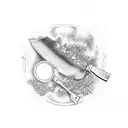A detailed Japanese chef knife surrounded by various cooking ingredients like herbs and spices tattoo design idea