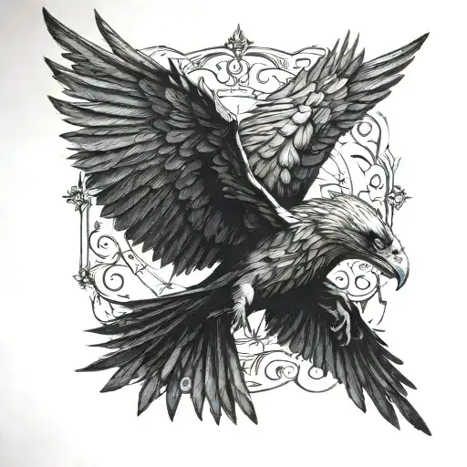 Six wings of crows flying and satan tattoo design idea