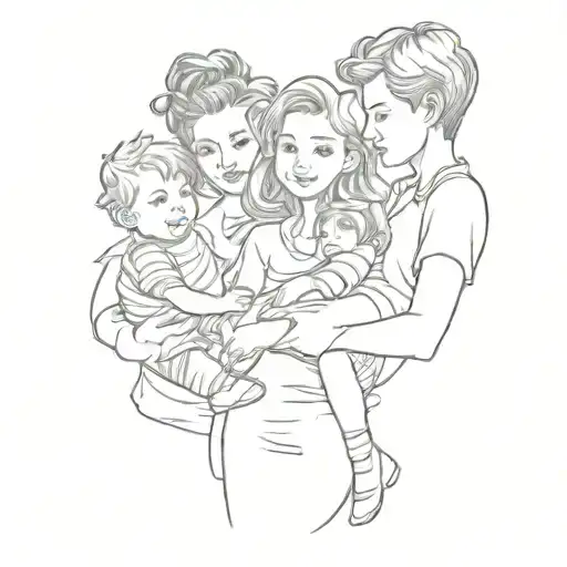 mom with two kids, one boy and younger girl tattoo design idea