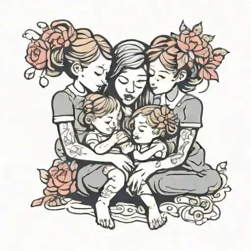 nurturing mom with son and daughter tattoo design idea