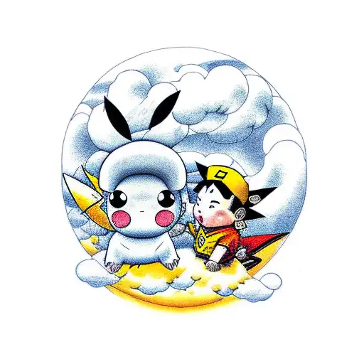 Kid goku and Pikachu together riding nimbus cloud tattoo design idea
