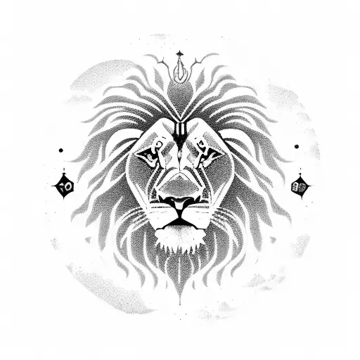 A lion surrounded by celestial bodies, representing the growth and enlightenment of the universe tattoo design idea