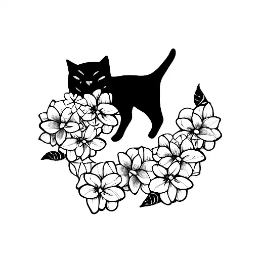 black cat with hydrangeas  tattoo design idea