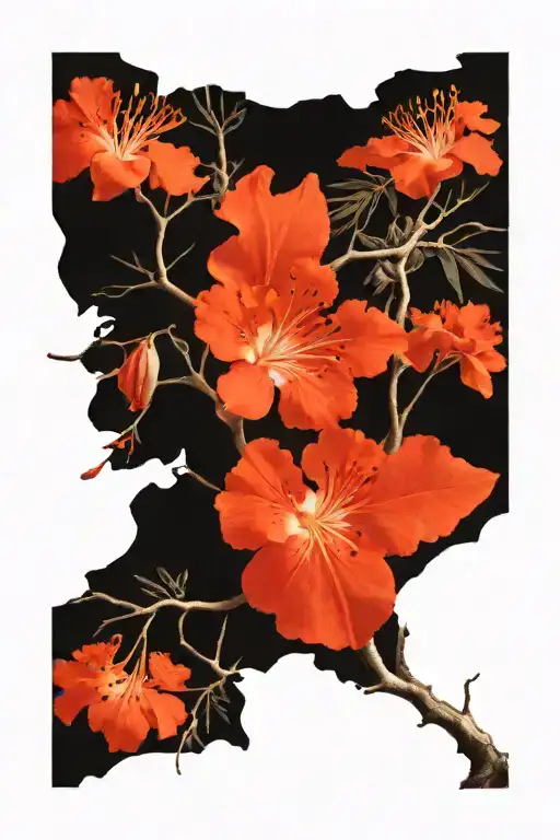 Royal poinciana flower surrounded by tree branches tattoo design idea