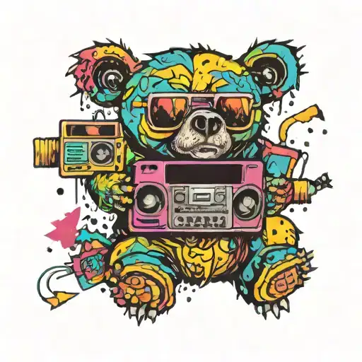 bear with a boombox playing 90s tattoo design idea