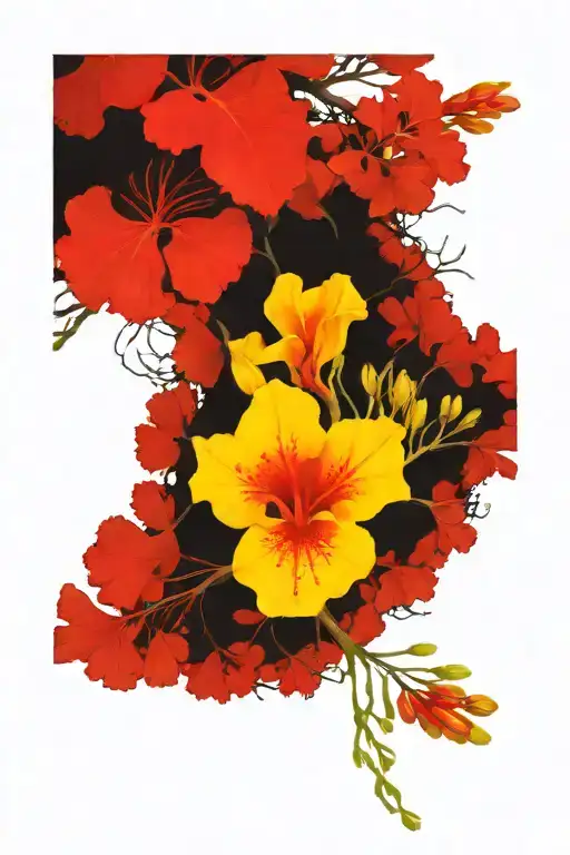 Royal poinciana flower surrounded by tree branches tattoo design idea
