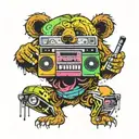 bear with a boombox playing 90s tattoo design idea