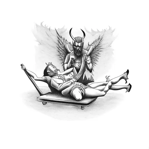 devil and Angel passed out drunk at a table  tattoo design idea