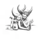 devil and Angel passed out at a table with alcohol spilled over and  tattoo design idea