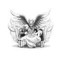 devil and Angel passed out at a table with alcohol spilled over and  tattoo design idea