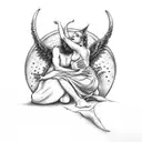 devil and Angel passed out at a table with alcohol spilled over and  tattoo design idea