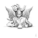 devil and Angel passed out at a table with alcohol spilled over and  tattoo design idea