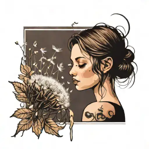 girl in behind, which is gently blowing in to a dandelion  tattoo design idea