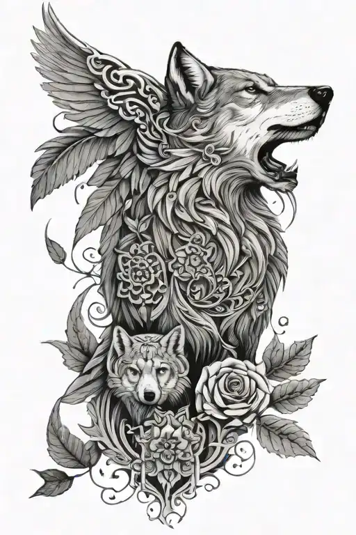 Gokturk and gray wolf and wings tattoo design idea
