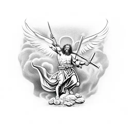 St Michael defeating the devil with the bible verse Mark 8:36 at the top of the image in cool font tattoo design idea
