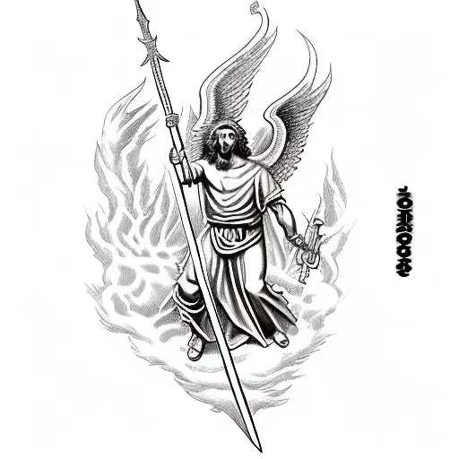 St Michael defeating the devil with the bible verse Mark 8:36 at the top of the image in cool font tattoo design idea