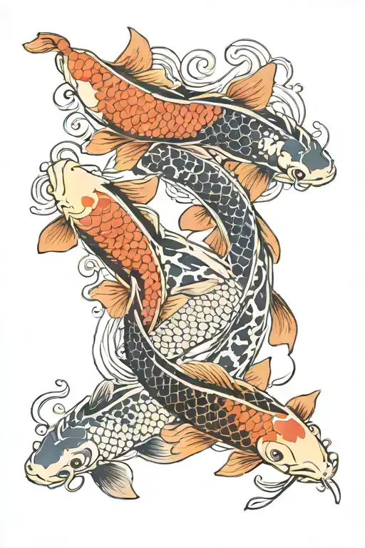 three koi fish swimming around Chinese character surrounded tattoo design idea