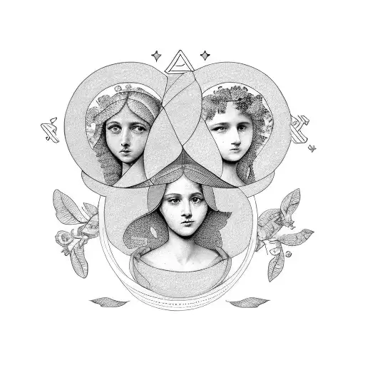 the allegory of prudence with 3 women's faces of different ages, rue leaves, and symbols of the female menstrual cycle.  tattoo design idea