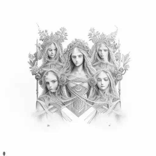 the allegory of prudence with 3 women's faces, rue leaves, and symbols of the female cycle. tattoo design idea