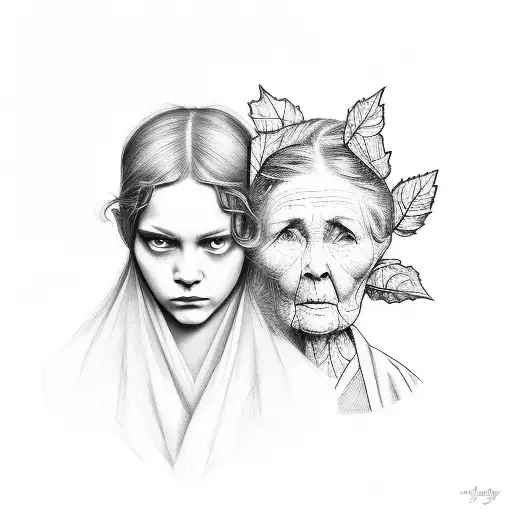black background, face of an old woman and a young woman side by side, ivy leaves, witch, allegory of prudence tattoo design idea