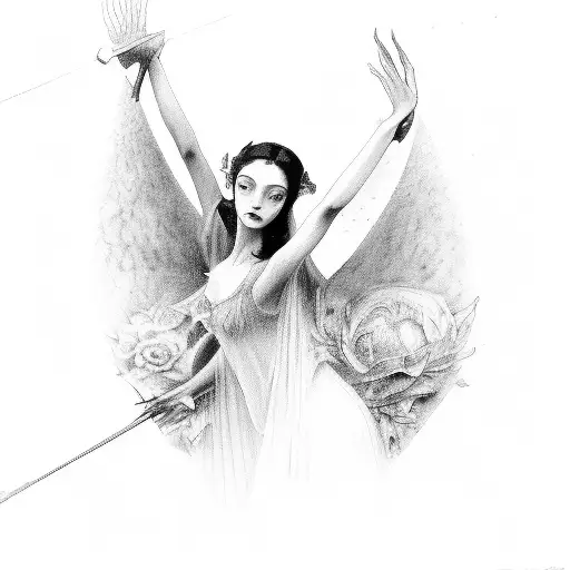 the allegory of prudence with women, drawing with reference to paintings by Leonor Fini and Remedios Varo, background wi tattoo design idea