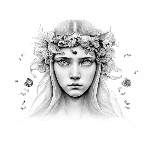 the allegory of prudence with 3 women's faces of different ages, rue leaves, and symbols of the female menstrual cycle. tattoo design idea