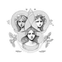 the allegory of prudence with 3 women's faces of different ages, rue leaves, and symbols of the female menstrual cycle.  tattoo design idea