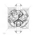 the allegory of prudence with 3 women's faces of different ages, rue leaves, and symbols of the female menstrual cycle.  tattoo design idea