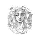 the allegory of prudence with 3 women's faces of different ages, rue leaves, and symbols of the female menstrual cycle.  tattoo design idea