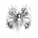 the allegory of prudence with women, drawing with reference to paintings by Leonor Fini and Remedios Varo, background wi tattoo design idea