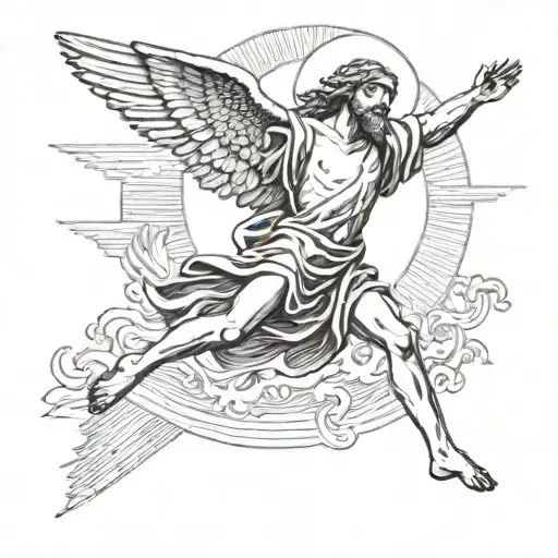 icarus falling from the sun as jesus is above him tattoo design idea