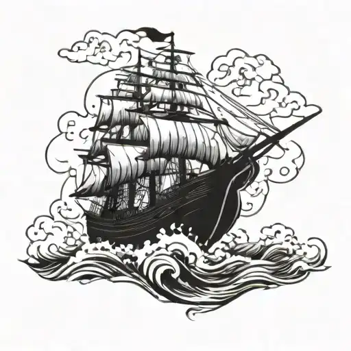 Pirate ship in a biblical storm with angles falling  tattoo design idea