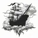 Pirate ship in a biblical storm with angles falling  tattoo design idea