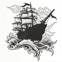 Pirate ship in a biblical storm with angles falling  tattoo design idea