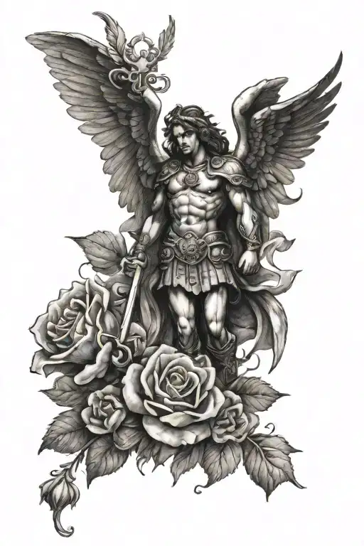 st. michael with a flower and a kiss mark in between tattoo design idea