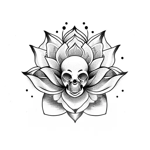 lotus flower, lily flower, smiling skull, koi fish, helix design, river tattoo design idea