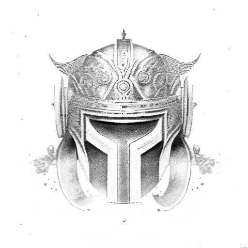 A traditional Spartan helmet adorned with symbols of Maud and Lynn tattoo design idea
