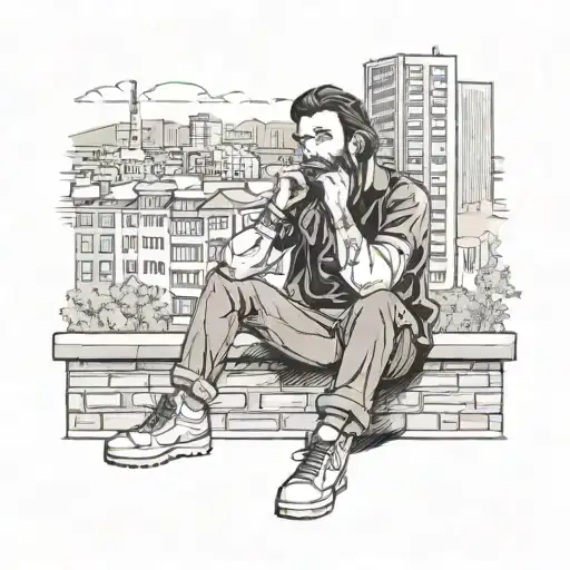 young man with black hair and beard smokes sitting on a low wall against a city background tattoo design idea