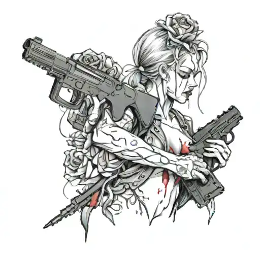 Crying girl with a broken heart and knives in her back a gun in her right hand and a human heart in her left with blood  tattoo design idea
