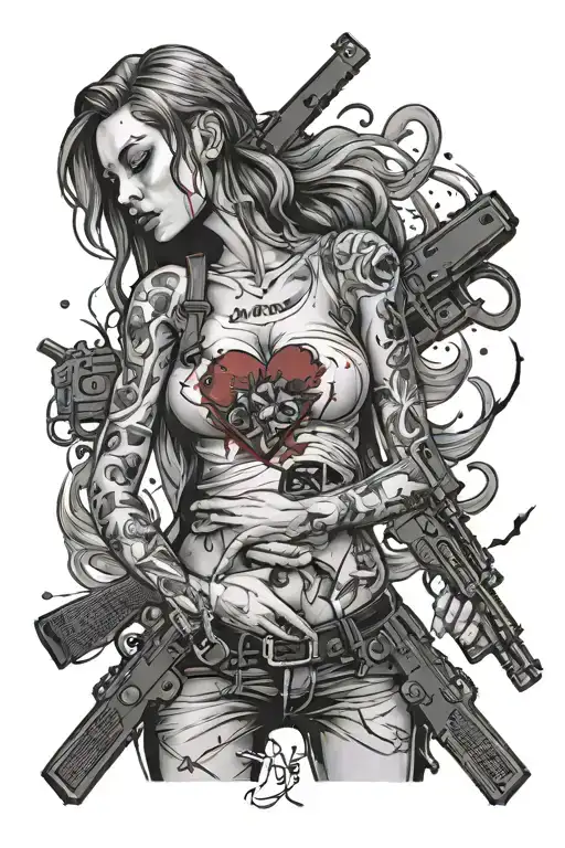 Crying girl with a broken heart and knives in her back a gun in her right hand and a human heart in her left with blood  tattoo design idea