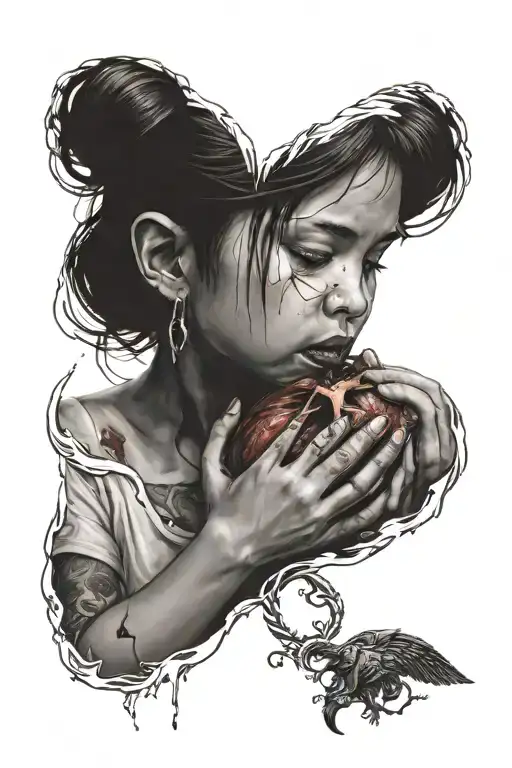 a betrayed girl eating a human heart  tattoo design idea