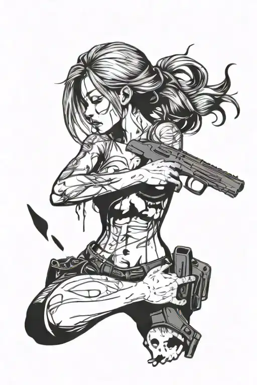 Crying girl with a broken heart and knives in her back a gun in her right and a bloody heart in her left hand eating it  tattoo design idea