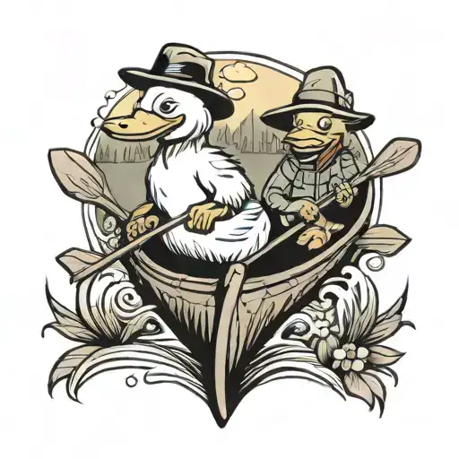duck and bear in canoe cartoon tattoo design idea