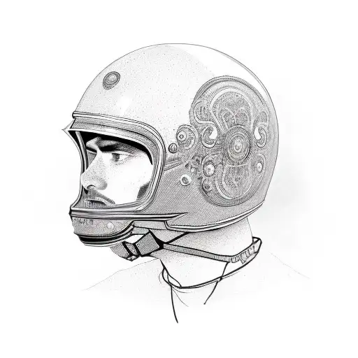 A realistic portrait of a biker wearing a helmet, with intricate details of the helmet design tattoo design idea