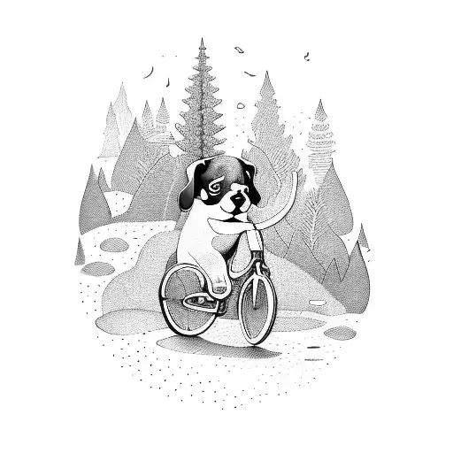 A joyful ride on a bicycle through a forest filled with puppies tattoo design idea