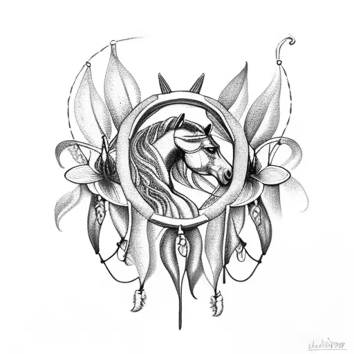 horse shoe dream catcher with lillies tattoo design idea