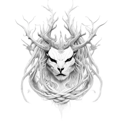 A hauntingly beautiful portrait of a mythical creature that represents your occupation, stretching across your neck in a black-grey style tattoo design idea