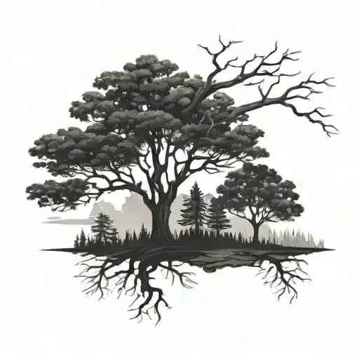 blackout tree with forest background  tattoo design idea
