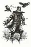 scarecrow in a field with a big crow flying tattoo design idea