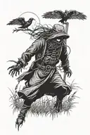 scarecrow in a field with a big crow flying tattoo design idea